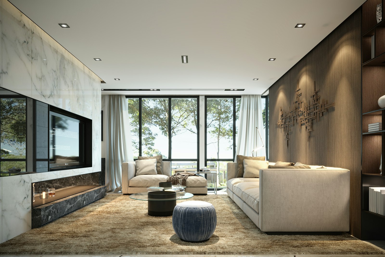 A modern living room opening onto large windows and the light beyond
