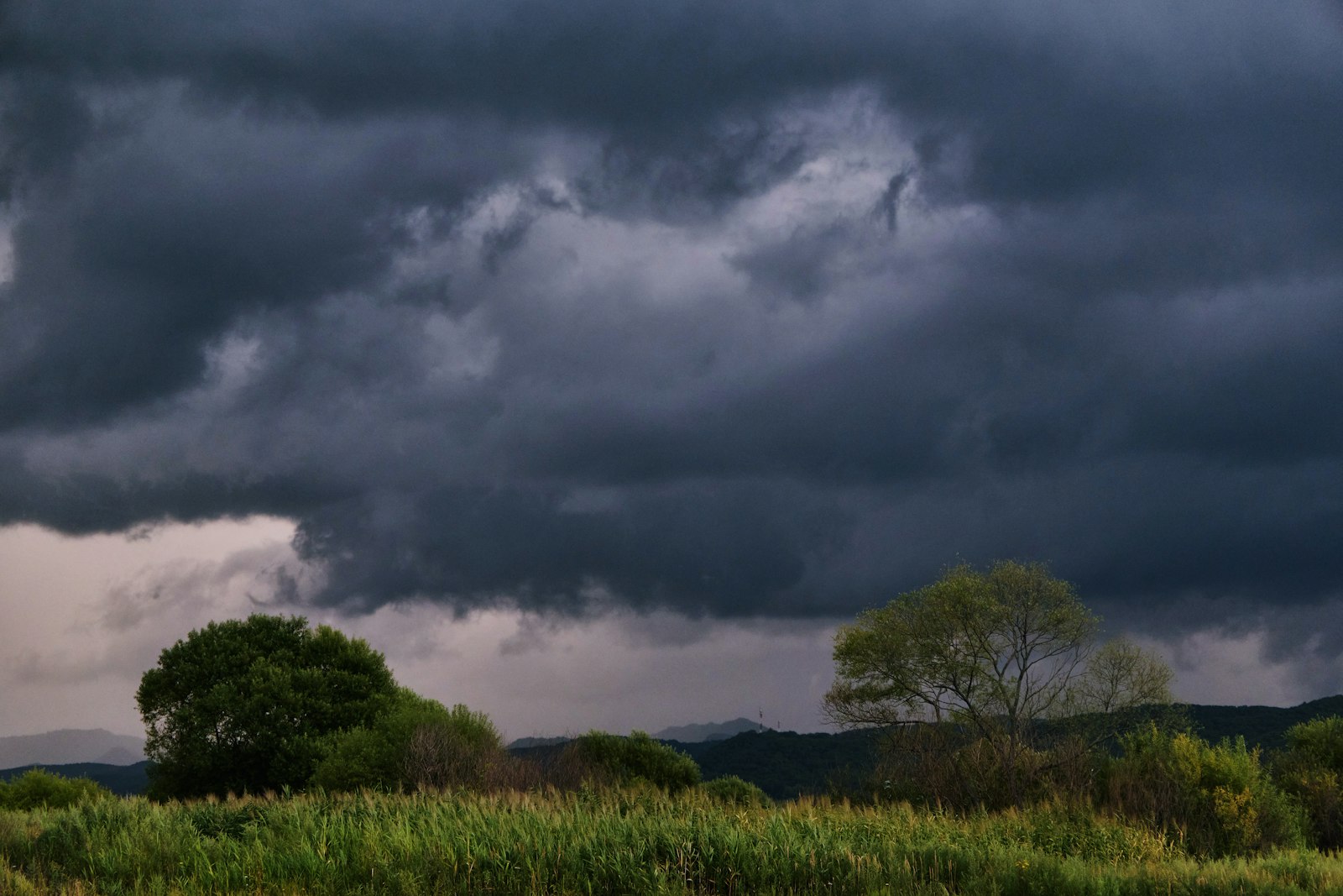 Dark storm clouds gathering low over a grassy landscape