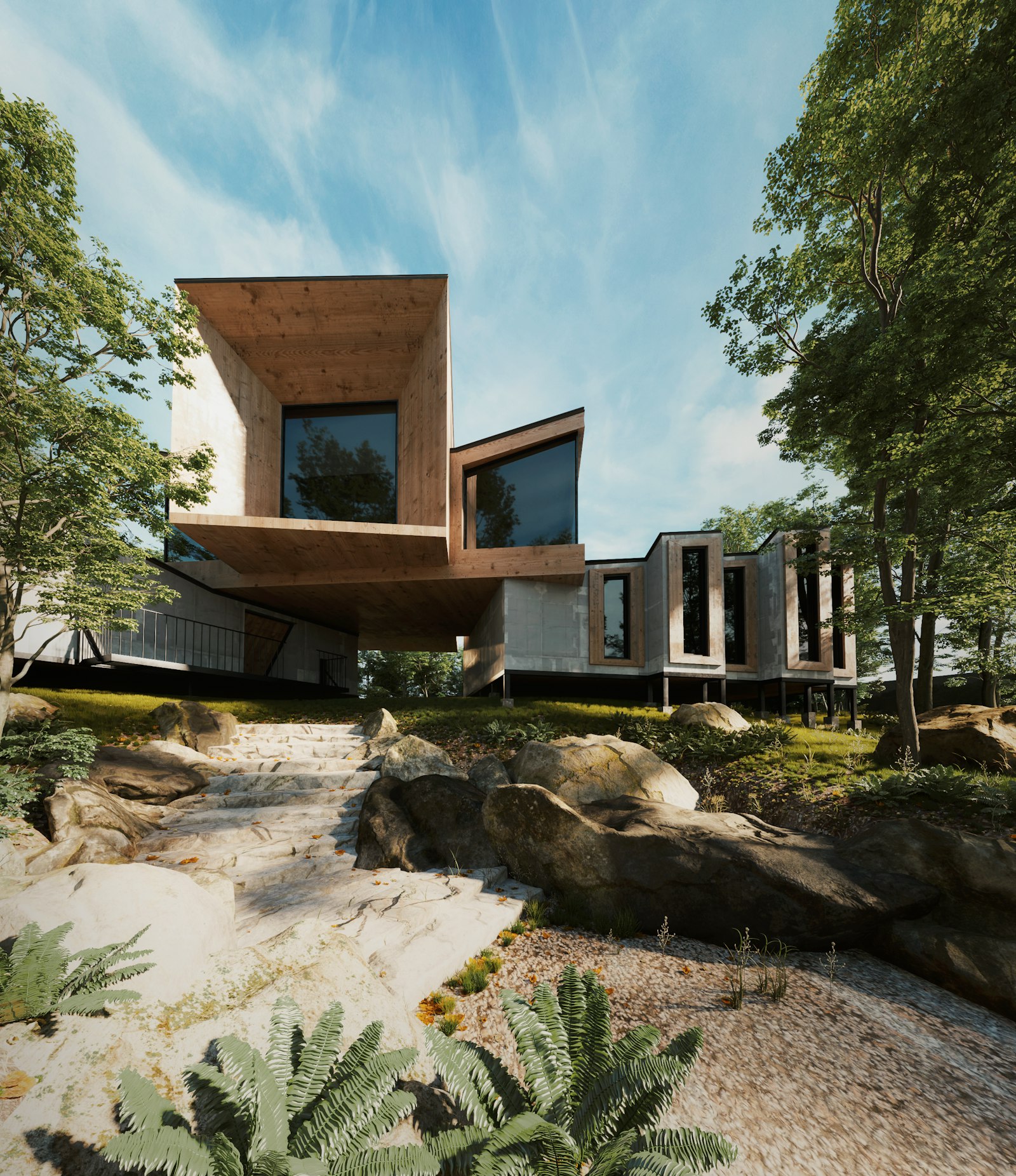 A cantilevered contemporary home set among rocks on a wooded hillside above the coast