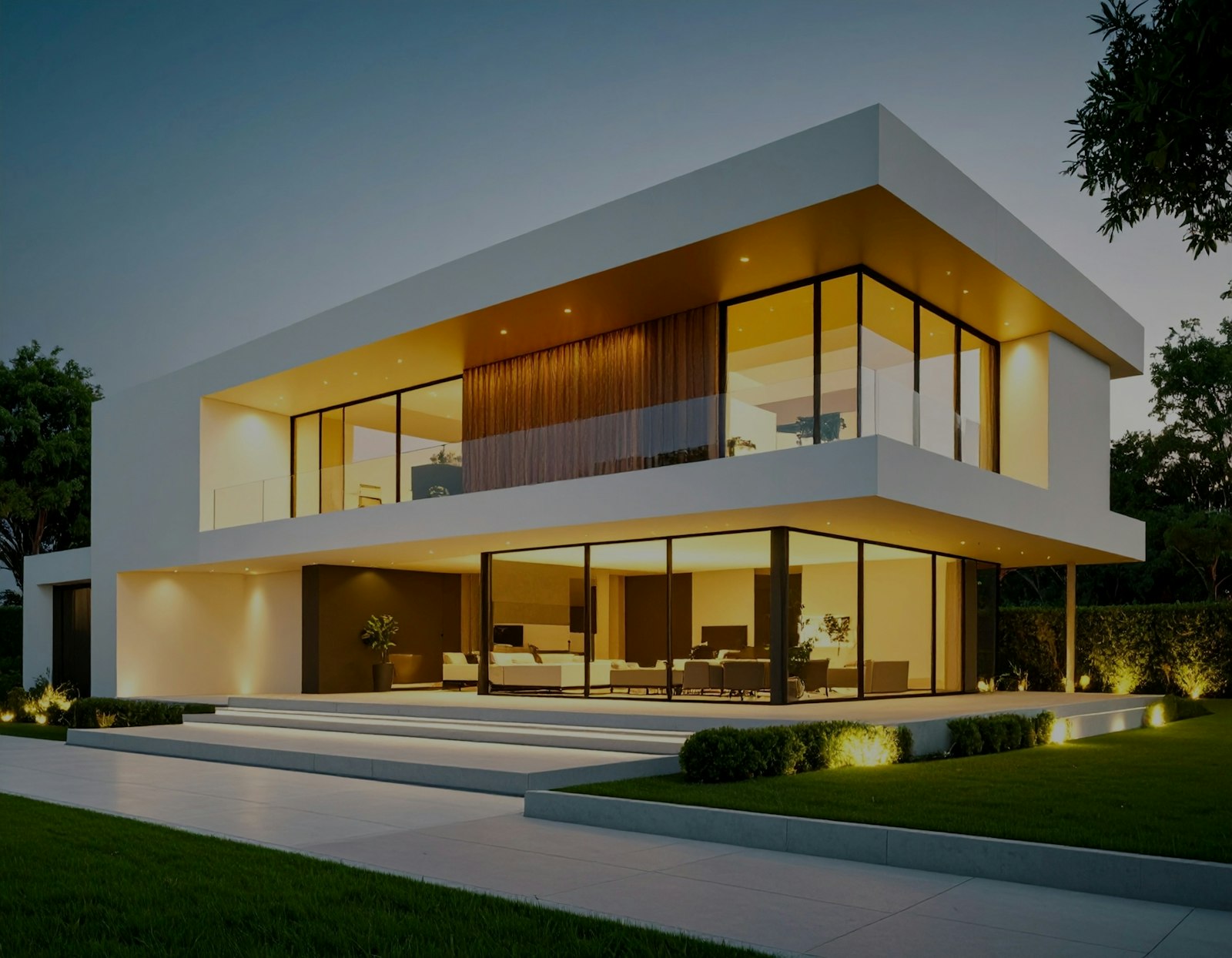 A modern luxury cliffside villa at dusk, warm light glowing from full-height windows above a lawn and stone steps